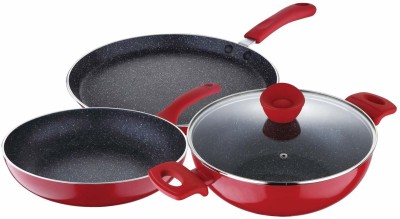 BERGNER Bellini Plus Pressed Non-Stick 4pcs including Kadhai with Lid 2.6 Liters, Tawa 28 cm, Frypan 24 cm, Red & Black Induction Bottom Non-Stick Coated Cookware Set(Aluminium, 3 - Piece)