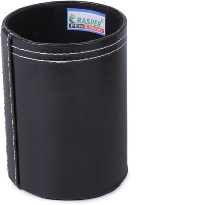 RASPER 1 Compartments Genuine Leather Pen Holder For Office Table Stylish Round Pen Pencil Holder Desk Organizer Multipurpose Pen Stand Holder (Round, 3x3x4 Inches)(Black)