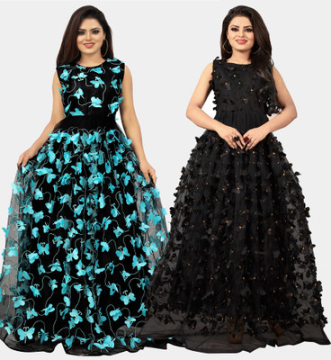 DECOFIN Flared/A-line Gown(Light Blue, Black)