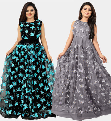 DECOFIN Flared/A-line Gown(Blue, Grey)