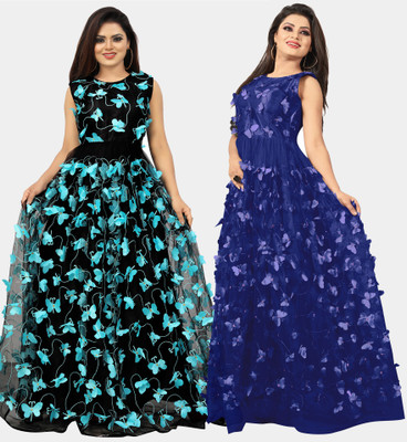 DECOFIN Flared/A-line Gown(Light Blue, Black)
