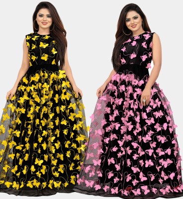 DECOFIN Flared/A-line Gown(Yellow, Pink)