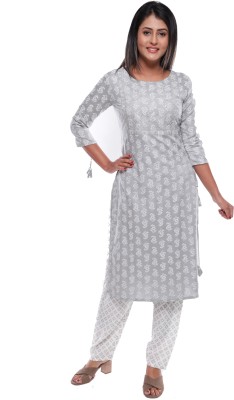 KITSA Women Printed Straight Kurta(Grey)