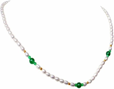 Surat Diamond Green n Graceful - Real Rice Pearl & Green Onyx Beads Necklace for Women Pearl, Onyx Metal Chain