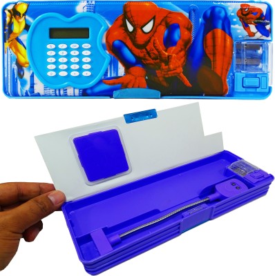 poksi avengers Multipurpose Pencil Box with lamp, Calculator & Dual sharpner - Spiderman Art Plastic Pencil Box(Set of 1, Blue)