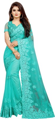 Lifestyle Designer Embroidered Bollywood Net Saree(Blue)