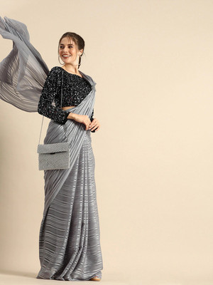 Winza Designer Solid/Plain Bollywood Georgette Saree(Silver)