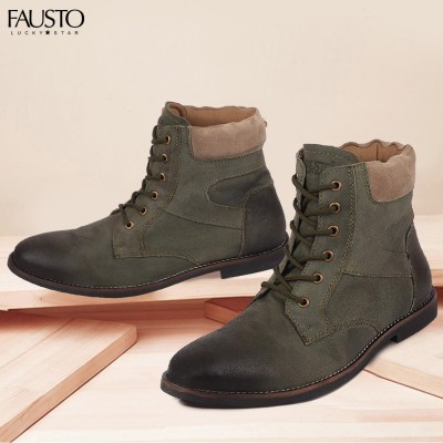 FAUSTO Mid Top Side Zipper Leather Lace Up Winter Casual Biker Walking Boots For Men(Olive)