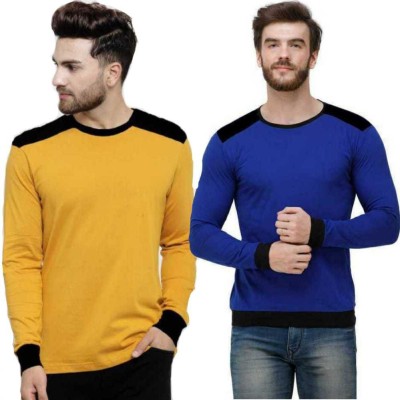 CLOFLIX Solid Men Round Neck Blue, Yellow T-Shirt