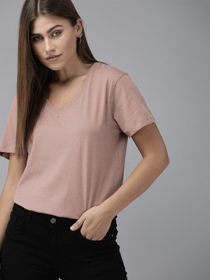 Roadster Solid Women V Neck Pink T-Shirt
