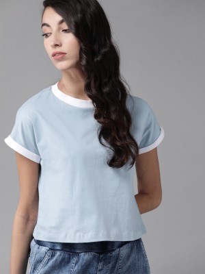 Roadster Solid Women Round Neck Blue T-Shirt