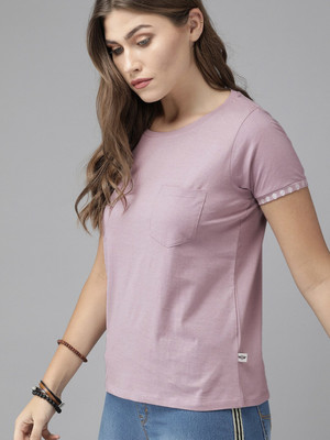 Roadster Solid Women Round Neck Purple T-Shirt