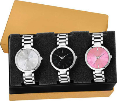 PZOZ NEW STYLISH ANALOG MULTICOLOR DIAL-SILVER METAL STRAP SET OF 3 WATCH FOR MEN & WOMEN Analog Watch - For Boys & Girls Analog Watch  - For Women