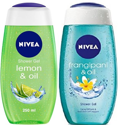 NIVEA 1Lemon & oil Care Oil Pearls Revitalizing Scent of Lemon And 1 Frangipani & Oil Care Oil Pearls Scent of Frangipani Flower Shower Gel Each 250ml Pack of 2(2 x 250 ml)