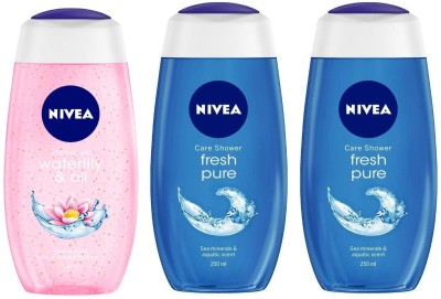 NIVEA 1 Water Lily & Oil Care Oil Pearls Scent of Water Lily Flower And 2 Fresh Pure Sea Minerals & Aquatic Scent Shower Gel Each 250ml Pack of 3(3 x 250 ml)