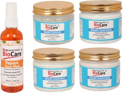 BEAUCODE BioCare Pack of-5, Organic Sugar Face and Body Gel & Cream & Scrub & Mask (500g) and Papaya face wash (100ml)(5 Items in the set)