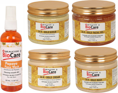 BEAUCODE BioCare Pack of-5, 24K- Gold Face and Body Gel & Cream & Scrub & Mask (500g) and Papaya face wash (100ml)(5 Items in the set)