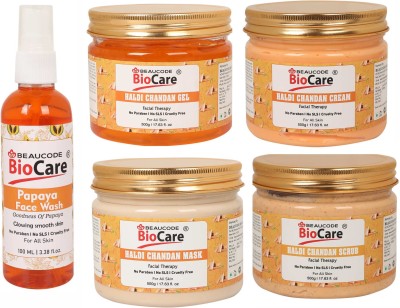BEAUCODE BioCare Pack of-5, Haldi Chandan Face and Body Gel & Cream & Scrub & Mask (500g) and Papaya face wash (100ml)(5 Items in the set)