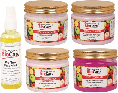 BEAUCODE BioCare Pack of-5, Fruity Cocktail Face and Body Gel & Cream & Mask & Scrub (500g) and De-Tan Face wash (100ml)(5 Items in the set)