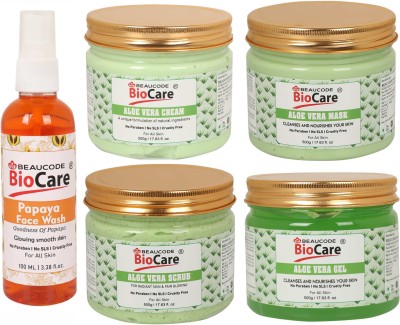 BEAUCODE BioCare Pack of-5, Aloe Vera Face and Body Gel & Cream & Scrub & Mask (500g) and Papayaace wash (100ml)(5 Items in the set)