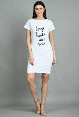 AAYU Women T Shirt White Above Knee/Mid Thigh Length Dress