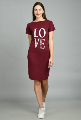 AAYU Women T Shirt Maroon Above Knee/Mid Thigh Length Dress