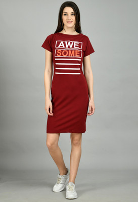 AAYU Women T Shirt Maroon Above Knee/Mid Thigh Length Dress