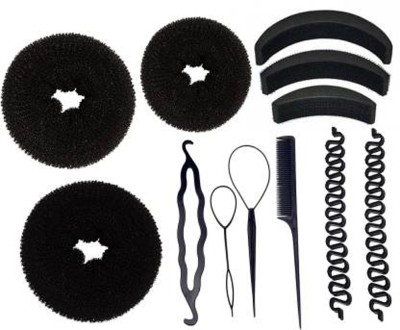 Sharum Crafts Hair Styling tools Hair Puff Up Maker Donut Magic Bun Topsy Tail Ponytail Holder Banana Bumpit-Pack of 12 Hair Accessory Set (Black) Hair Accessory Set(Black)