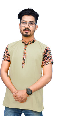 Rainbow Cloths Men Printed Straight Kurta(Beige)