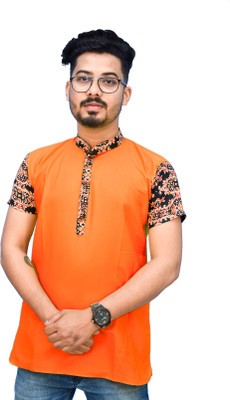 Rainbow Cloths Men Printed Straight Kurta(Orange)