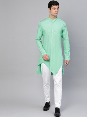 See Design Men Solid Asymmetric Kurta(Light Green)