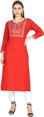 Isbah Women Embroidered Straight Kurta(Red, White)