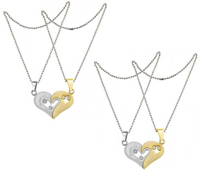 Stylewell (Set Of 2 Pcs) Valentine's Day Special Metal Stainless Steel I Love You Diamond Nug Broken Heart Romantic Love Couple 2 In 1 Golden & Silver Color Beautiful Duo Locket Pendant Necklace With Chain For Boy's And Girl's Silver Metal Pendant Set