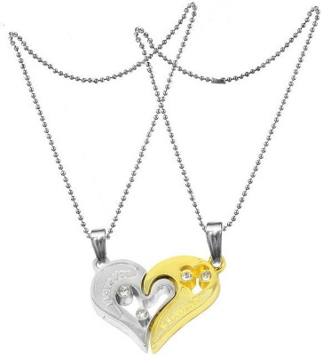 De-Ultimate Valentine's Day Special Metal Stainless Steel I Love You Diamond Nug Broken Heart Romantic Love Couple Golden & Silver Color 2 In 1 Beautiful Duo Locket Pendant Necklace With Chain For Boy's And Girl's Silver Metal