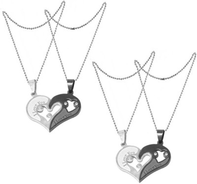 Adhvik (Set Of 2 Pcs) Valentine's Day Special Metal Stainless Steel I Love You Diamond Nug Broken Heart Romantic Love Couple Black & Silver Color 2 In 1 Beautiful Duo Locket Pendant Necklace With Chain For Boy's And Girl's Silver Metal Pendant Set