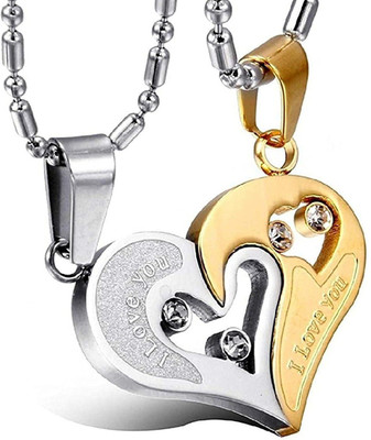 Stylewell Valentine's Day Special Metal Stainless Steel I Love You Diamond Nug Broken Heart Romantic Love Couple Golden & Silver Color 2 In 1 Beautiful Duo Locket Pendant Necklace With Chain For Boy's And Girl's Silver Metal Pendant Set
