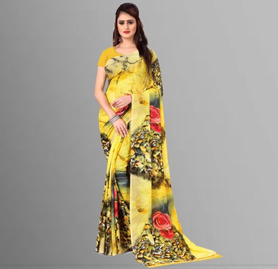 Anand Sarees Printed, Floral Print Bollywood Georgette Saree(Yellow)