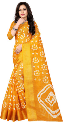HARPITA Printed Bandhani Cotton Blend Saree(Yellow)