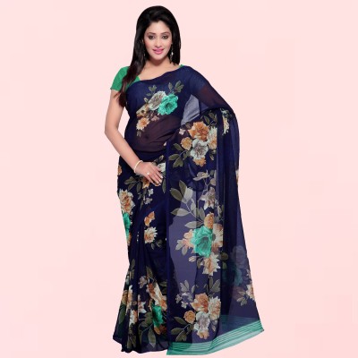 kashvi sarees Printed, Floral Print Daily Wear Georgette Saree(Dark Blue)