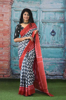 JAIPURI BLOCK PRINT Blocked Printed, Color Block, Dyed, Floral Print, Printed Daily Wear Pure Cotton Saree(Grey)
