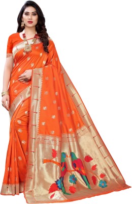 pandadi Printed Paithani Pure Silk Saree(Orange)