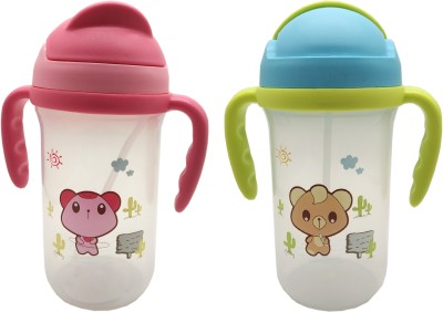 Te Quiti cartoon printed kids sipper cups cum water bottle with handle 2 sipper bottles (Green & Red)(Green & Red)