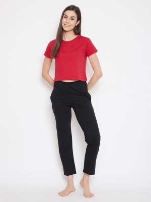 Clovia Solid Women Round Neck Red T-Shirt