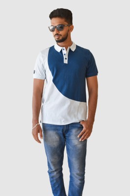 morfogue Colorblock Men Polo Neck White, Blue T-Shirt