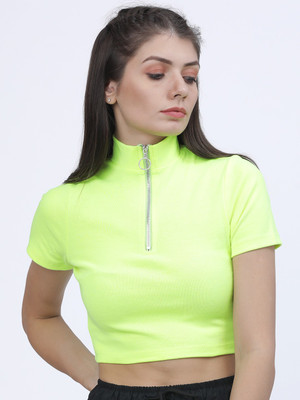 Tokyo Talkies Solid Women High Neck Light Green T-Shirt