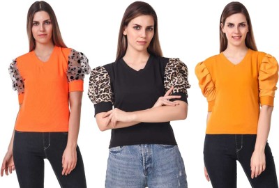 StyleRide Casual Balloon Sleeve Printed Women Black, Orange, Yellow Top