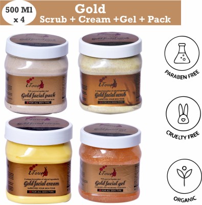 I TOUCH HERBAL Gold Scrub 500 ml + Gold Cream 500 ml + Gold Gel 500 ml + Gold Pack 500 ml - Pack Of 4 x 500 ml - Facial Kit Combo(4 Items in the set)
