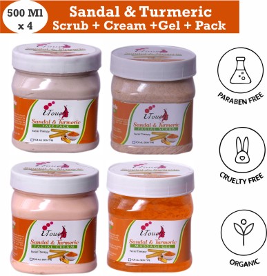 I TOUCH HERBAL Sandal And Turmeric Scrub 500 ml + Sandal And Turmeric Cream 500 ml + Sandal And Turmeric Gel 500 ml + Sandal And Turmeric Pack 500 ml - Pack Of 4 x 500 ml - Facial Kit Combo(4 Items in the set)