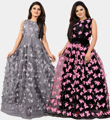 DECOFIN Flared/A-line Gown(Grey, Black)