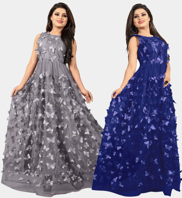 DECOFIN Flared/A-line Gown(Grey, Blue)